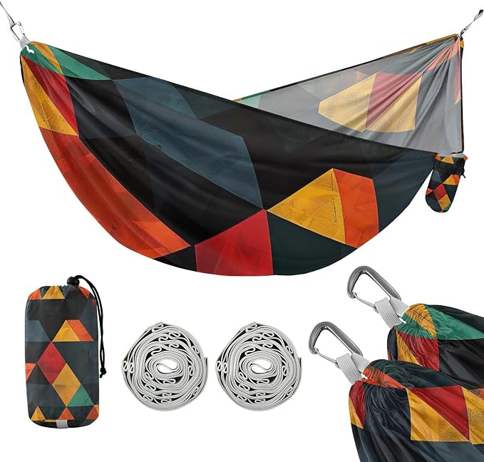 FRMG Colorful Geometric Triangles Camping Hammock 500 lbs Capacity Portable Hammocks with Tree Straps & Attached Carry Bag, Camping Essentials Gear A0900360a