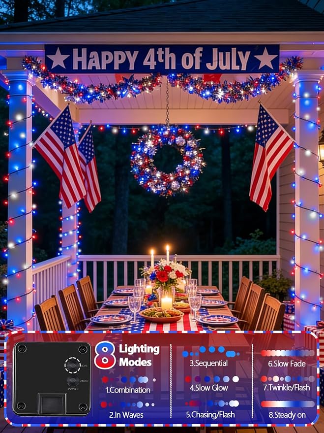 Solar String Lights Outdoor 2 Pack 200 LED Christmas Lights Red White Blue | 8 Lighting Modes, Memory Function, Auto On/Off, 66FT Waterproof Twinkle Lights for Outside Patio Yard Xmas Tree Decorations