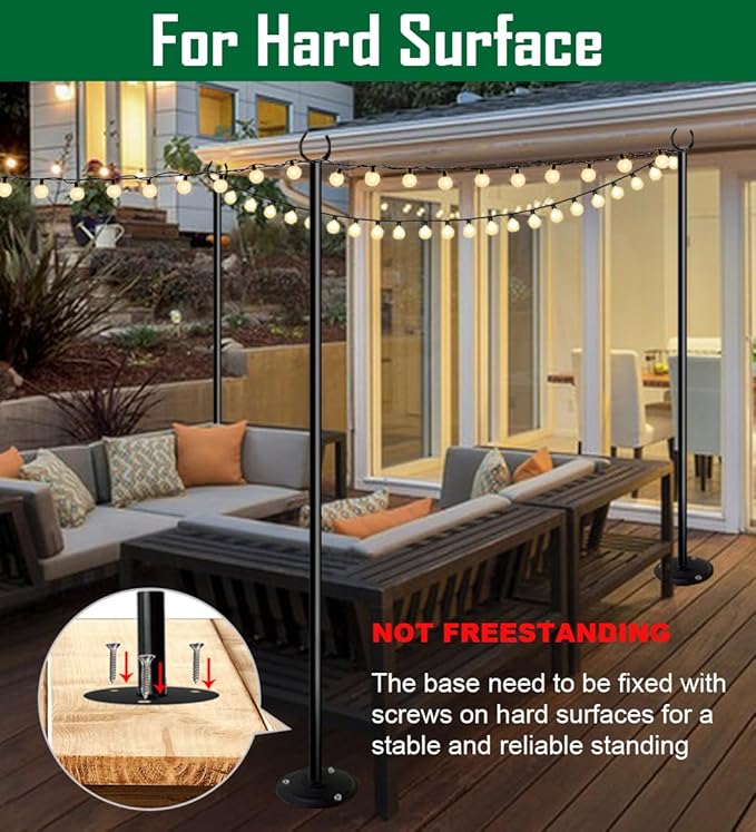 10ft String Light Pole for Hard Surfaces, Light Pole for Outdoor String Light, Perfect for Garden, Backyard, and Patio Lighting Stand for Parties, Wedding - Matte Black Finish - 1 Pack