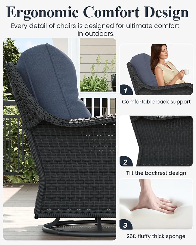 LayinSun 5 Piece Wicker Outdoor Furniture Set with 6-inch Comfy Cushions, High Back Patio Furniture Set with Swivel Rocking Chairs and Fire Pit Table