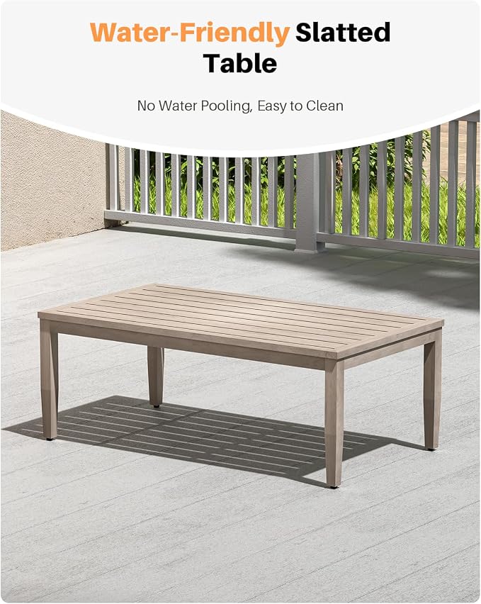 Never-Rust Aluminum Outdoor Coffee Table, All-Weather Patio Coffee Table with Faux Wood Grain Finish Frame, Rectangle Outdoor Table with Adjustable Feet for Garden, Porch, Backyard, Indoor