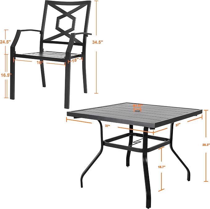 NUU GARDEN 5-Piece Outdoor Dining Set, Square Patio Table with Umbrella Hole and 4 Iron Dining Chairs, All-Weather Furniture for Garden Backyard Balcony, Black