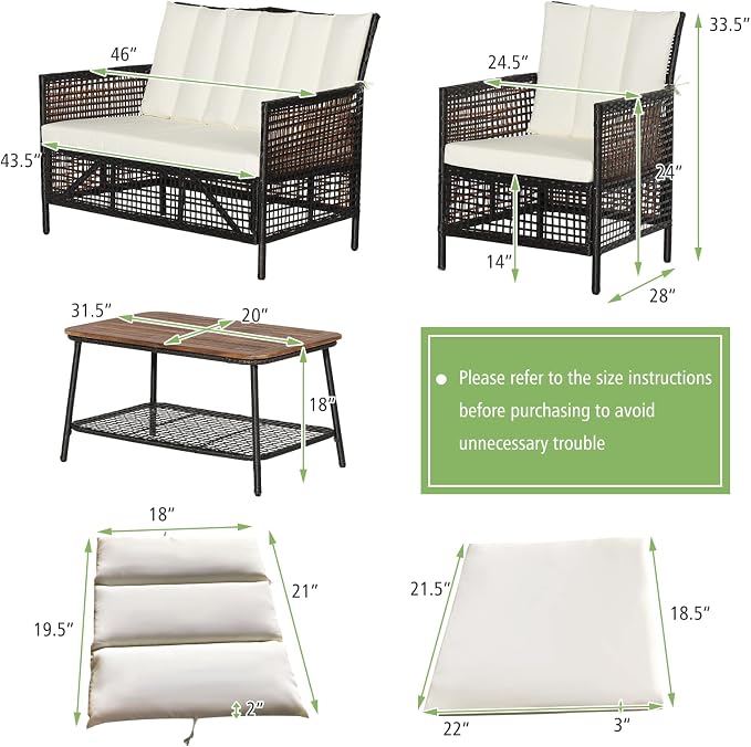 Tangkula 8 Pieces Patio Furniture Set, Outdoor PE Wicker Conversation Set with 2-Tier Coffee Table, Acacia Wood Tabletop & Extra Storage Shelf, Outdoor Furniture Sofa Set w/Cushions (2, Off White)