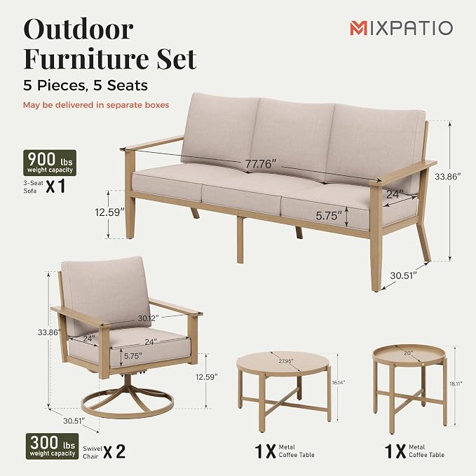 MIXPATIO 5-Piece Patio Outdoor Conversation Furniture Set with 2 Swivel Chairs, Steel Modern Outdoor Patio Conversation Sets with Waterproof Thick Cushions for Porch, Balcony, Backyard-Beige