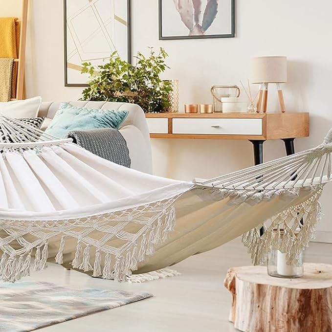 Camping Hammock with Tassels, Portable Canvas Double Hammock with Tree Straps, 108x59in Heavy Duty 330 lbs for Backyard Outdoor Beach Patio White