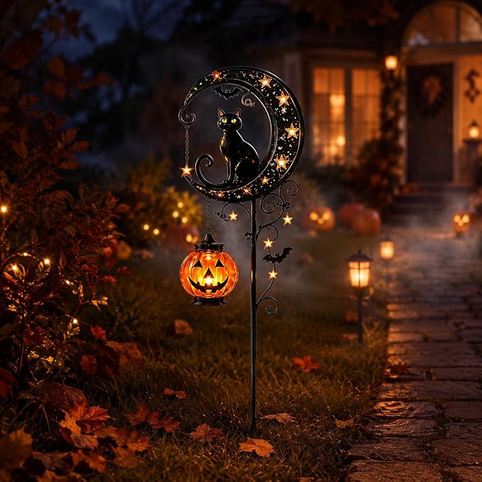 Solar Halloween Black Cat & Pumpkin Moon Garden Stake Light, Outdoor Waterproof LED Yard Decoration with Crescent Moon, Hanging Jack-o'-Lantern Lantern for Garden, Patio, Walkway, Porch(Style B)