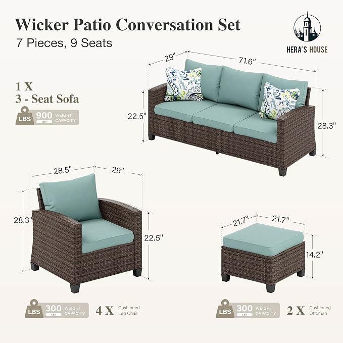 HERA'S HOUSE Outdoor Patio Furniture Set, 7 Pieces Wicker Patio Conversation Sets, Outside Sectional Deep Seating Sofa Set for Lawn Backyard Porch, Brown/Blue