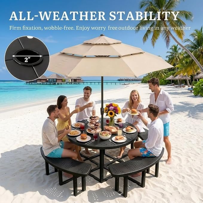 Heavy Duty 38" Round Q235 Steel Picnic Table, Black Metal Outdoor Table with Umbrella Hole, Industrial Patio Picnic Table for 8 People, Backyard & Park