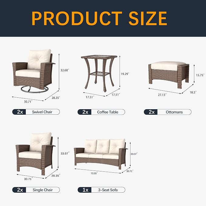 9 Pieces Outdoor Patio Furniture Set, Wicker Patio Sectional Set Conversation Wicker Swivel Chairs with Small Side Table