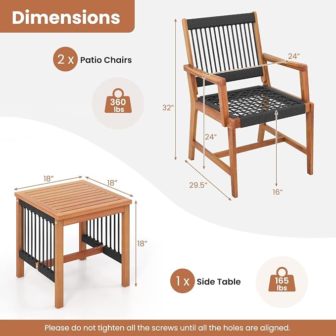 HAPPYGRILL 3 Pieces Acacia Wood Bistro Set, Patio Conversation Set Rope Woven Chair & Table Set for Backyard Porch Garden Poolside