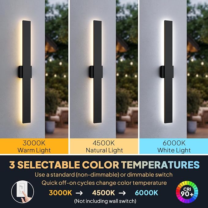 2 Pack LED Outdoor Wall Lights Dimmable, 3000K/4500K/6000K, 39.3" Modern Black Outdoor Wall Sconce, Linear IP65 Waterproof Exterior Wall Light Fixture for Entrance, Hallway, Garage, Porch