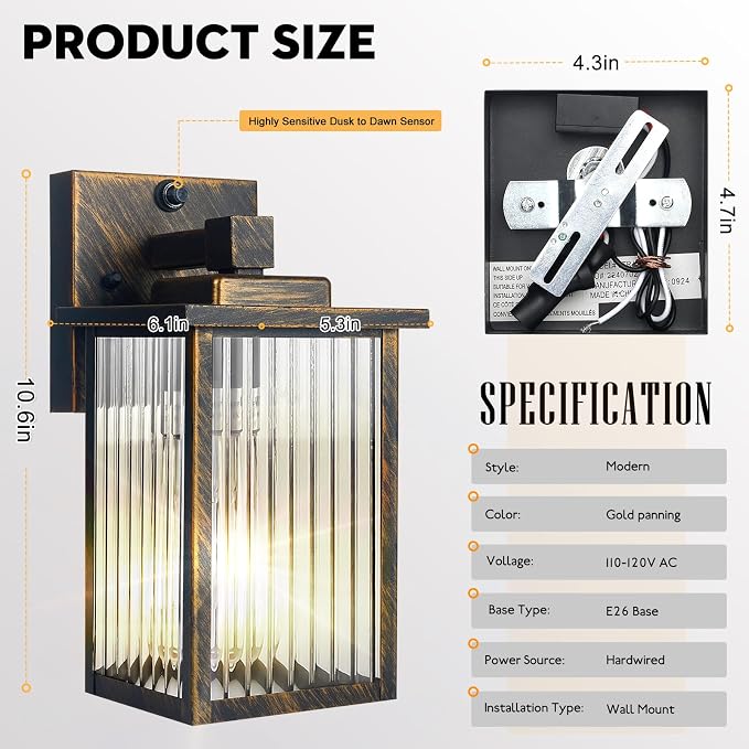 2 Pack Black Brush Gold Dusk to Dawn Outdoor Wall Light | Auto On/Off, Rust-Resistant Metal Frame, Tempered Glass, Easy DIY Install on Porch, Garage