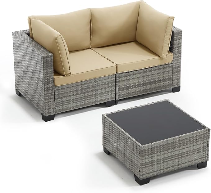 ANJ 3 Piece Outdoor Wicker Patio Furniture Set, Modular Loveseat Sofa with with Glass Top Coffee Table, All-Weather Rattan Conversation Couch Set for Balcony, Backyard, Light Grey Wicker-Camel