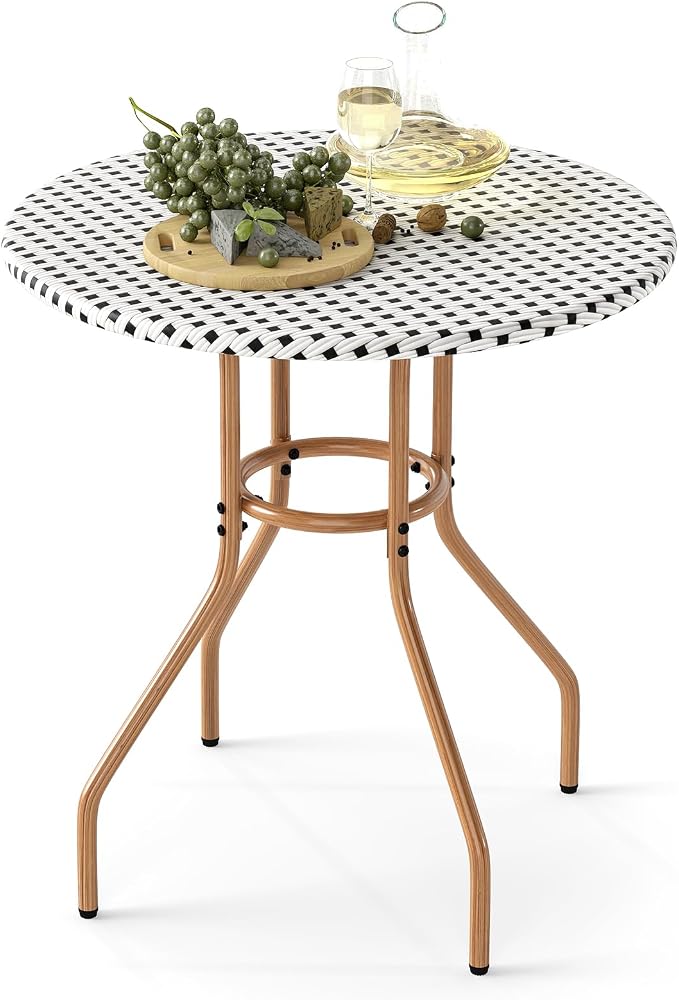 HAPPYGRILL Outdoor Bistro Table, 27.5” Round Patio Table with Hand-Woven PE Rattan Tabletop and Metal Frame, for Garden Backyard Porch Balcony