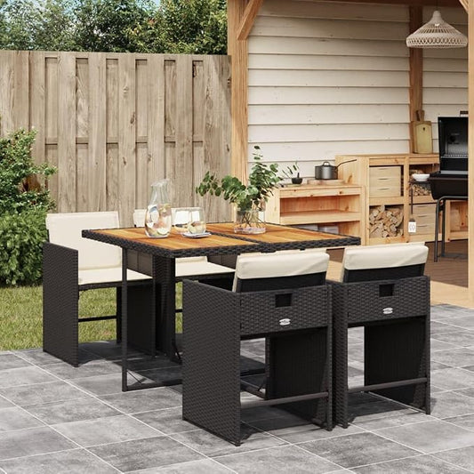 5 Piece Patio Dining Set with Cushions Black Poly Rattan Outdoor Table and 4 Chairs Foldable Backrest for Garden Yard Backyard Dining Relaxing