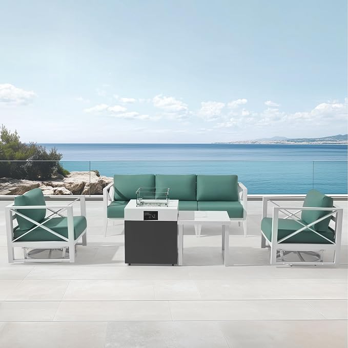 7-Piece Aluminum Patio Furniture Set with Fire Pit Table, Swivel Rocking Chairs & Oversized Sofa, All-Weather Outdoor Conversation Set for Backyard, Deck, Balcony – White