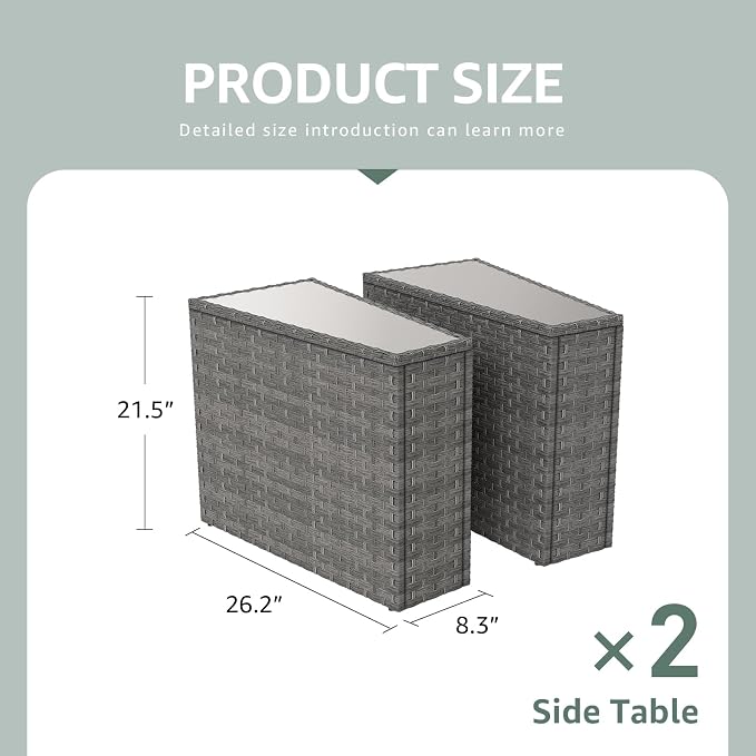 SUNSITT Rattan PE Resin Wicker Patio Side Table 2-Pack Sofa Wedge End Table with Tempered Glass Top, Grey