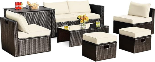 RELAX4LIFE 8-Piece Patio Furniture Set - PE Wicker Conversation Set w/Cushions, Pillows, Tempered Glass Table, Storage Box, Outdoor Sectional Sofa Set for Yard, Deck (White)