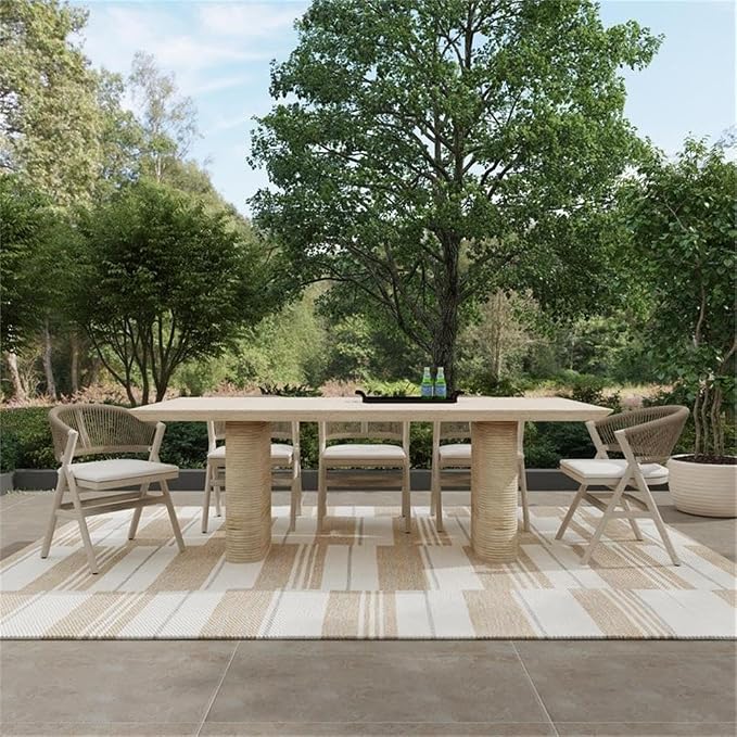 Pemberly Row 87" Travertine Beige Stripped Stone Outdoor Dining Table, Glass Fiber Reinforced Concrete, Seats 8, Horizontal Ridged Base, Block Legs, Contemporary Design for Patio Dining