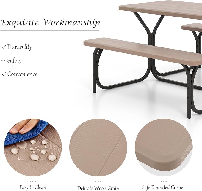 Giantex Picnic Table Bench Set Outdoor Camping All Weather Metal Base Wood-Like Texture Backyard Poolside Dining Party Garden Patio Lawn Deck Furniture Large Camping Picnic Tables for Adult