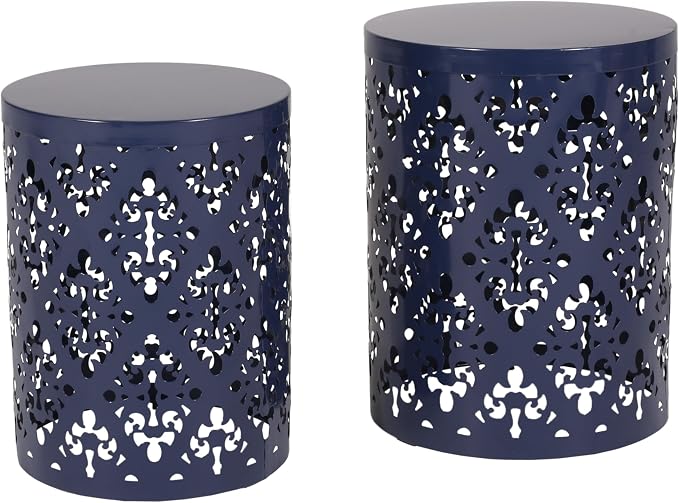 Benzara Kemo Outdoor End Table Set of 2, Round Top, Cutout Design, Navy Blue