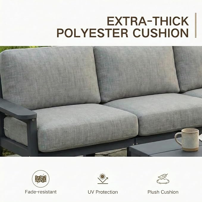 Kingdura HDPE Patio Furniture Set, 9 Piece Outdoor Sectional Sofa with Coffee Table, All Weather Outdoor Couch Conversation Set with Washable Cushions for Backyard Poolside Balcony