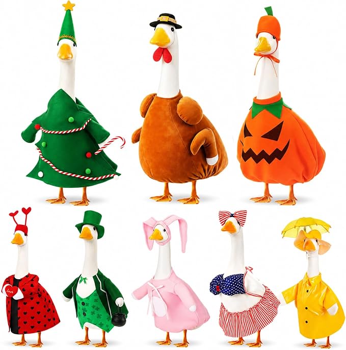 FuWeave 8 Set Holiday Porch Goose Outfits 17'' Goose Clothes Summer Fall Halloween Christmas Winter Thanksgiving Valentine St. Patrick Easter 4th of July Lawn Porch Geese Costume for Patio Yard Decor