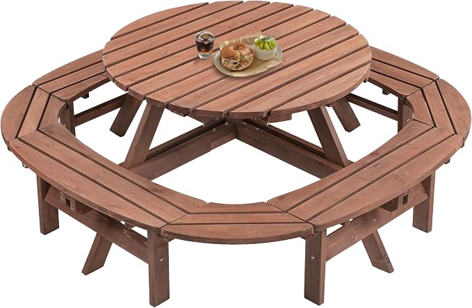 8-12 Person Outdoor Round Wooden Picnic Table with 8 Built-in Benches, Umbrella Hole, Outside Table and Bench Set for Garden, Backyard, Porch, Patio and Deck