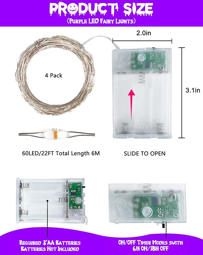 4 Pack 60 LED Fairy Lights Battery Operated with Timer 20FT Halloween Light | Purple, Cuttable Copper Wire, Waterproof Battery String Lights for Indoor Outdoor, Bedroom, Home, DIY, Halloween Decorations