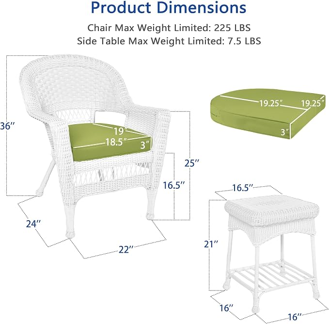 Jeco 3 Piece Wicker End Table Set with with Green Chair Cushion, White