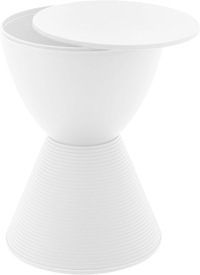 LeisureMod Modern Hourglass White Side Table - ABS Shell Drum End Table with Storage for Indoor & Outdoor Use