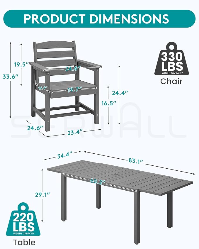 SERWALL 10-Piece Patio Dining Sets with 15FT Patio Umbrella, Grey | 60" - 83" Expandable Outdoor Dining Table and 8 HDPE Chairs, All Weather HDPE Outdoor Furniture Set