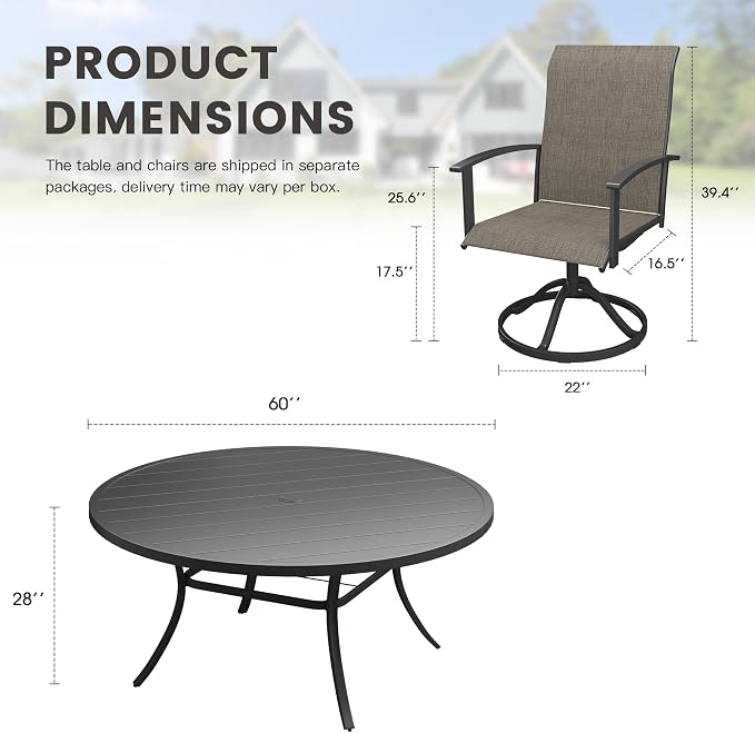 9 Pieces Round Patio Dining Set, Outdoor Furniture of 60" Round Patio Table and Patio Swivel Chairs for Backyard Lawn Garden, Black Table and Mixed Brown Chairs