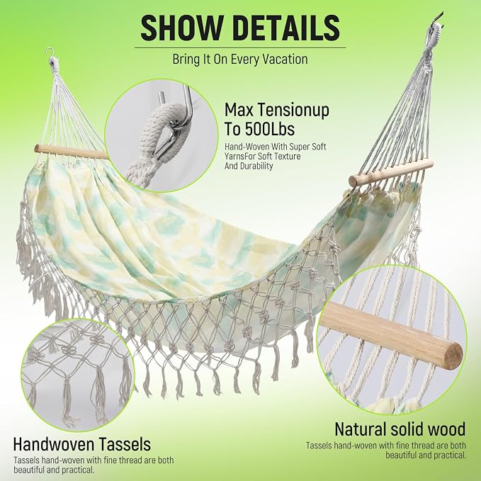 Portable Hammock,Bohemian Hammock,Rope Hammock,Suitable,Yard, Beach, Backyard,Garden (Green, 79 * 59)
