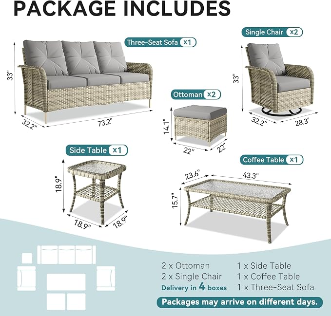 LazySunsets 9-Piece Outdoor Patio Furniture Set with Coffee Table, Wicker Rattan Outdoor Furniture with High Back Swivel Rocker Chairs, Outdoor Conversation Sets with Thick Cushions & Ottoman, Grey