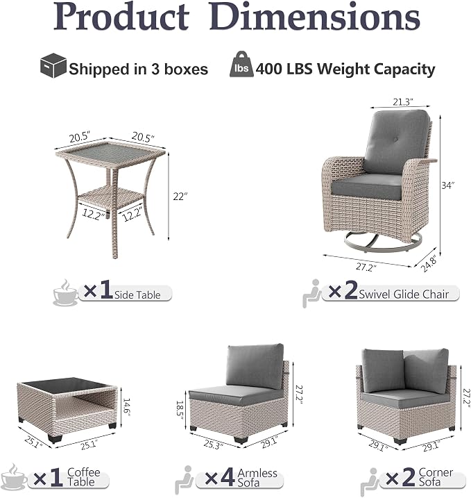 Patio Furniture Set, 10-Piece Outdoor Sectional Sofa with Swivel Rocker Chairs & 2-Layer Glass Coffee Table, Wicker Patio Conversation Set with Gray Cushions