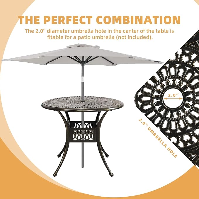 5 Piece Patio Dining Set, Outdoor Table and Chairs Set for 4 Cushioned Swivel Rocking Chairs and 35.4'' Round Table, All-Weather Cast Aluminum Patio Funiture Set, 2'' Umbrella Hole, Navy