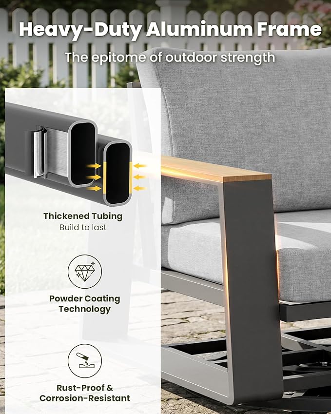 Aluminum Outdoor Patio Furniture Set, 4-Piece Patio Conversation Set with 5" Thick Cushions, Aluminum 360-Degree Large Outdoor Furntiure Set with Side Table and 3-Seat Sofa, Gray