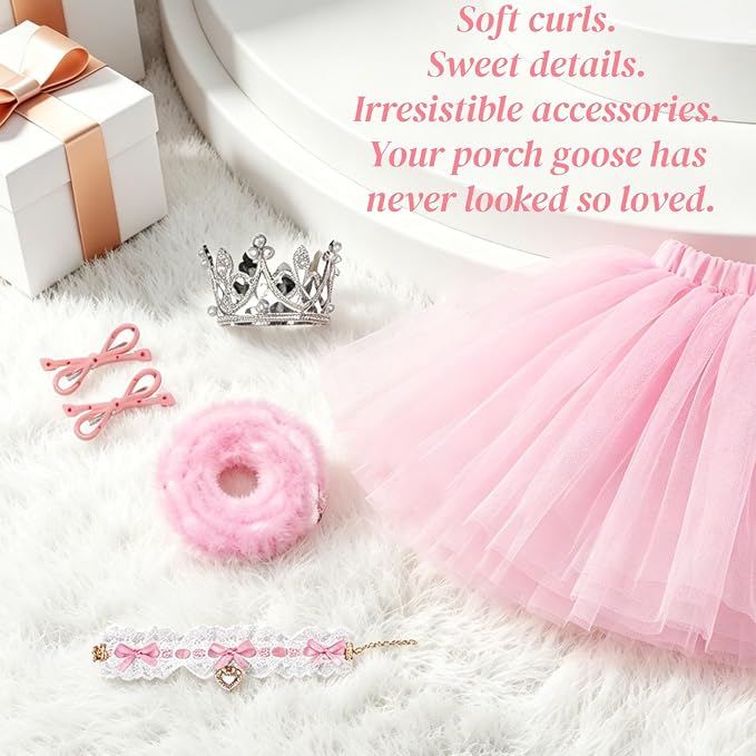 6 Pcs Princess Porch Goose Outfit Set Porch Goose Summer Outfits with Wigs, Pink Funny Geese Cloth with Long Blonde Wigs and Tutu Skirt for 23“ Lawn Goose Statues