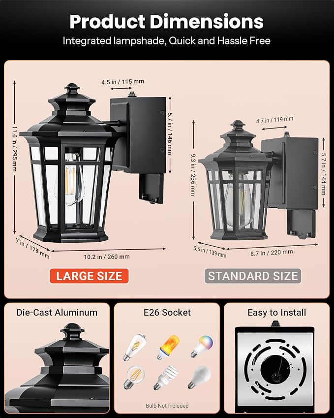 Gleamz Large Dusk to Dawn Outdoor Lighting with GFCI Outlet, Black Exterior Lighting Fixtures, Outdoor Porch Lights Wall Mount for Garage, Patio, Coach, 100% Aluminum Anti-Rust Waterproof