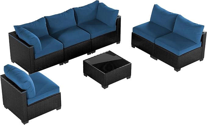 Patio Furniture Set 7 Pieces Conversation Set Wicker Outdoor Sectional Sofa,Ergonomic Armrests Couch with Cushion and Glass Table (Black-Peacock Blue, 7 Piece-Single)