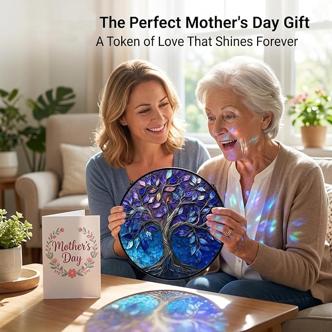 Birthday Gifts for Women - Blue Tree of Life Faux Stained Glass Window Hanging Sun Catcher for Door Garden Acrylic Decor Mother's Day Christmas for Mom Nana Grandma Sisters Wife 11.8"