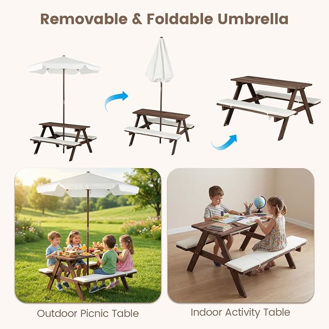 Olakids Kids Picnic Table, Outdoor Wooden Bench Set with Cushions Adjustable Foldable Umbrella for Patio Garden Backyard