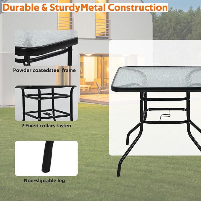 Outdoor Patio Table with Umbrella Hole, 32 Inch Patio Dining Table All Weather Square Patio Table, Glass Patio Tables for Outside, Balcony, Backyard, Poolside(Square)