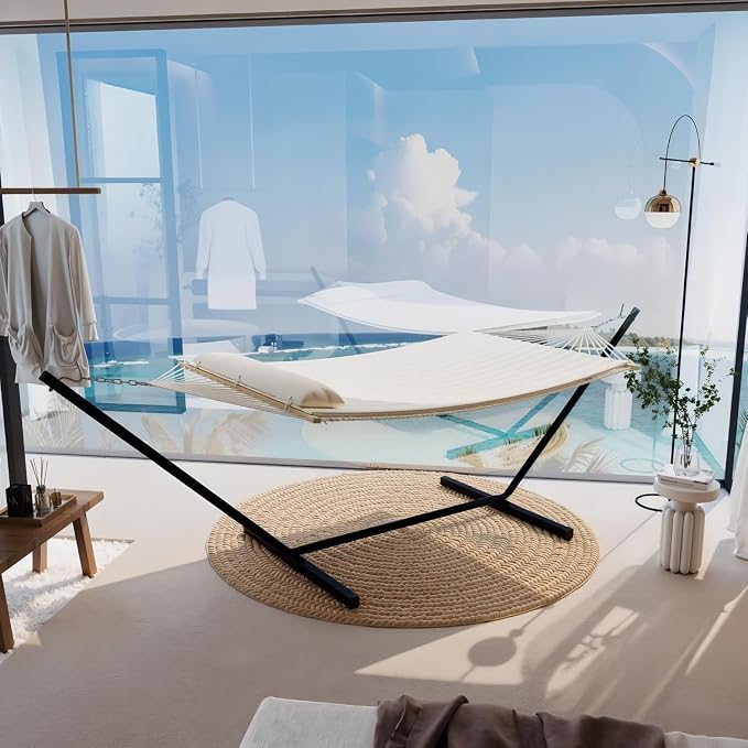 Double Hammock with Stand, Cotton Rope Hammock with Polyester Pad and Pillow, 450LBS Capacity,Large Hammock for Patio Backyard Poolside - Off White