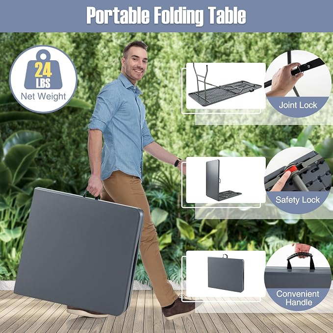 Goplus Folding Table, HDPE Portable Table with 6 ft Long Tabletop, Metal Frame Picnic Camping Table with Safe Lock, Collapsible Dining Table for Camping, Picnic, Party (Gray, 6 FT)