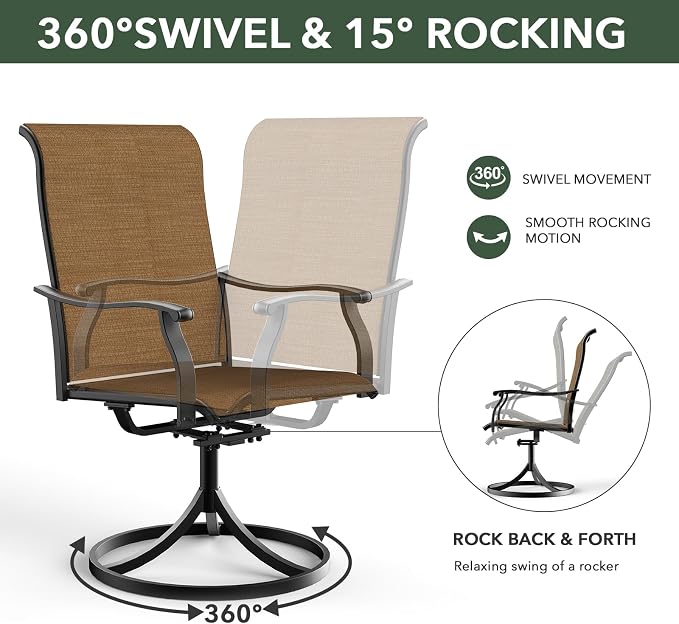 Patio Table and Chairs Set with 54" Round Table, Brown Yellow Swivel Chairs | 6 Piece Swivel Chairs: High Back, Retro Armrest, Textilene Fabric, Rocking; 6 - 8 Person 54'' Metal Round Table