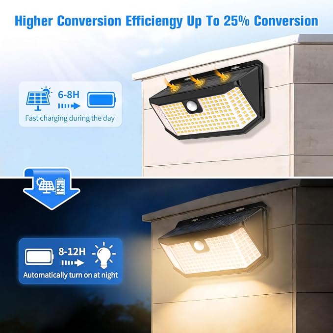 Aootek Warm White Solar Outdoor Motion Sensor Lights, 2500Lm, 15.3 in² Solar Panel, 3 Lighting Modes, IP65 Waterproof, Wide Angle,Ideal for Patio, Garden, Garage, Yard, Front Door (4-Pack)