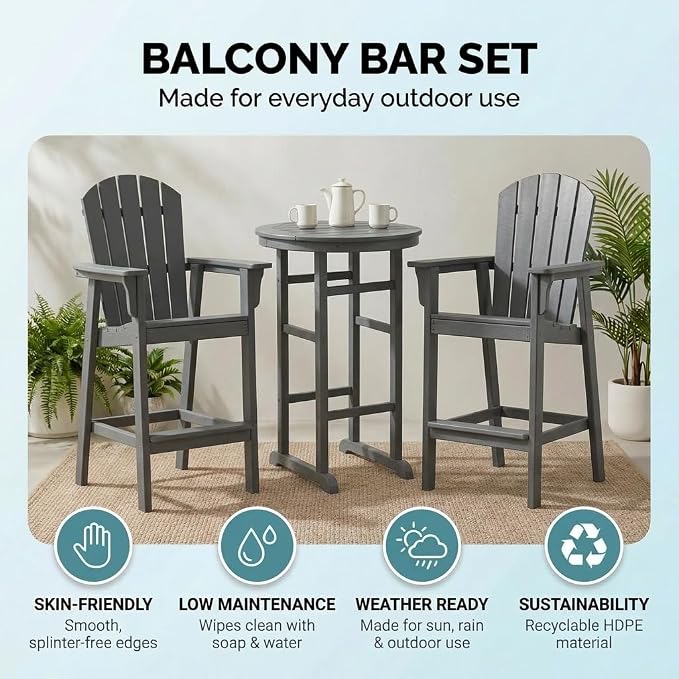 3-Piece Gray HDPE Indoor/Outdoor Bar Height Bistro Set, 31.1" Round Pub Table with 2 Bar Stools, All-Weather Patio Furniture for Balcony, Deck, Poolside & Coastal Use