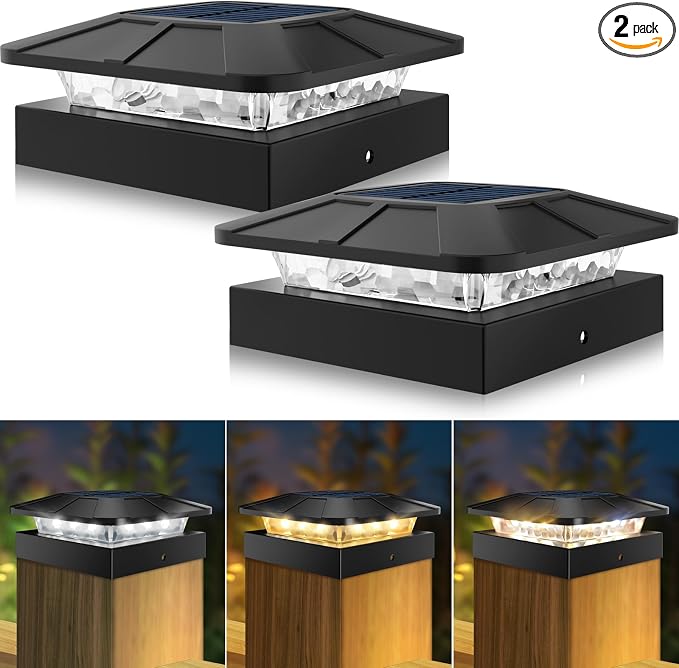 4x4 Solar Post Cap Lights Outdoor with 3 Lighting Modes, 2 Packs LED Post Light Solar Powered Waterproof, Fence Deck Lights for 4×4/3.5×3.5 Wood/Vinyl Posts